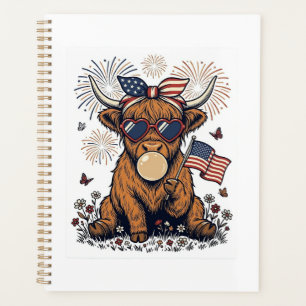 Patriotic Highland Cow Bubblegum Vintage Engraving Planner