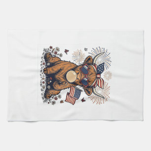 Patriotic Highland Cow Bubblegum Vintage Engraving Tea Towel