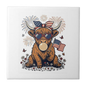Patriotic Highland Cow Bubblegum Vintage Engraving Tile