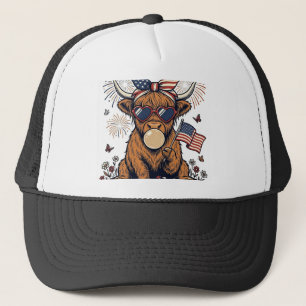 Patriotic Highland Cow Bubblegum Vintage Engraving Trucker Hat