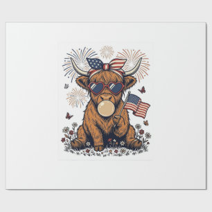 Patriotic Highland Cow Bubblegum Vintage Engraving Wrapping Paper