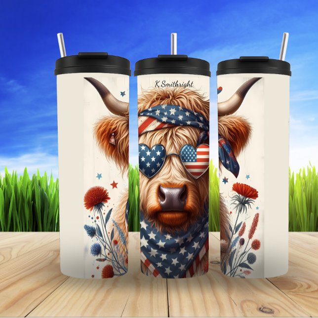 Patriotic Highland Cow Celebration Art Thermal Tumbler (Creator Uploaded)
