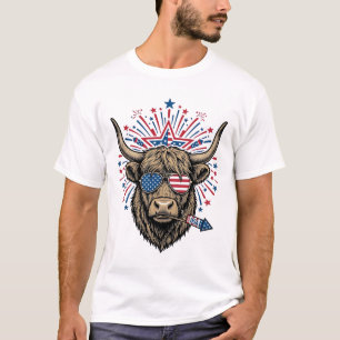 Patriotic Highland Cow Fireworks Vintage Engraving T-Shirt