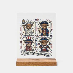 Patriotic Highland Cow Red White and Boujee Acrylic Sign