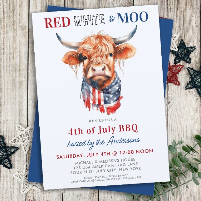 Patriotic Highland Cow Red White Moo 4th Of July Invitation (Creator Uploaded)
