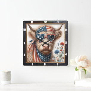 Patriotic Highland Cow USA Flag Square Wall Clock