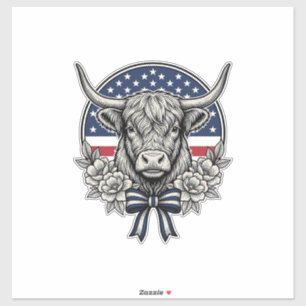 Patriotic Highland Cow Vintage Engraving Art_1