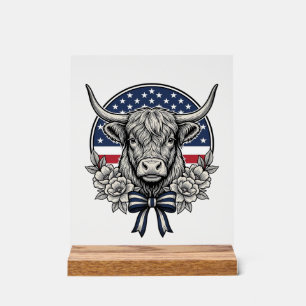 Patriotic Highland Cow Vintage Engraving Art_1 Acrylic Sign