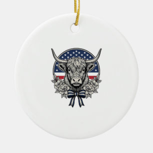 Patriotic Highland Cow Vintage Engraving Art_1 Ceramic Tree Decoration