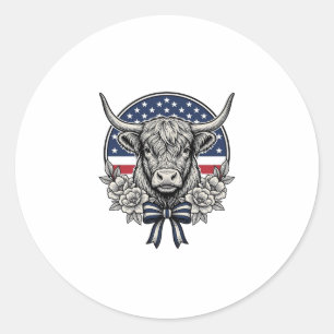 Patriotic Highland Cow Vintage Engraving Art_1 Classic Round Sticker
