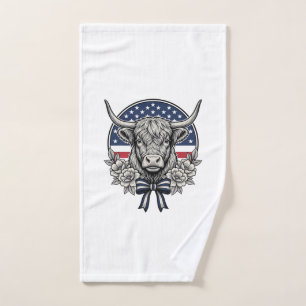 Patriotic Highland Cow Vintage Engraving Art_1 Hand Towel
