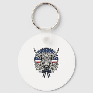 Patriotic Highland Cow Vintage Engraving Art_1 Key Ring