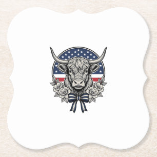 Patriotic Highland Cow Vintage Engraving Art_1 Paper Coaster