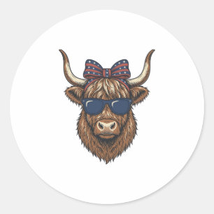 Patriotic Highland Cow Vintage Engraving Design_1 Classic Round Sticker