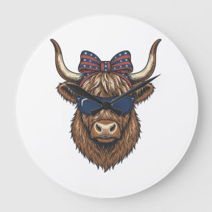 Patriotic Highland Cow Vintage Engraving Design_1 Large Clock
