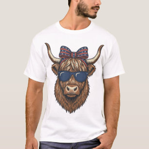 Patriotic Highland Cow Vintage Engraving Design_1 T-Shirt