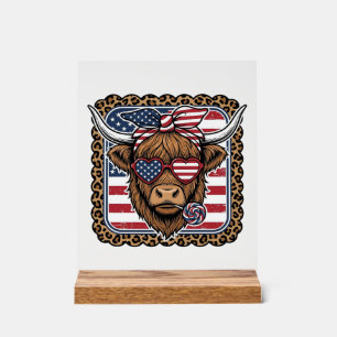 Patriotic Highland Cow Vintage Engraving Design (2 Acrylic Sign