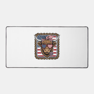 Patriotic Highland Cow Vintage Engraving Design (2 Desk Mat