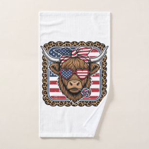 Patriotic Highland Cow Vintage Engraving Design (2 Hand Towel