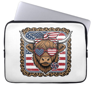 Patriotic Highland Cow Vintage Engraving Design (2 Laptop Sleeve