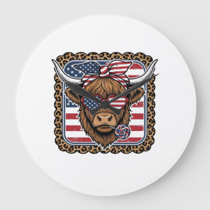 Patriotic Highland Cow Vintage Engraving Design (2 Large Clock