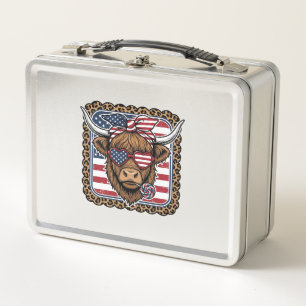 Patriotic Highland Cow Vintage Engraving Design (2 Metal Lunch Box