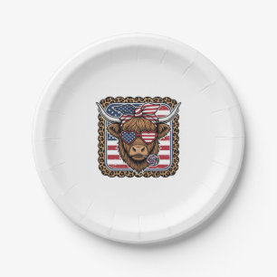 Patriotic Highland Cow Vintage Engraving Design (2 Paper Plate