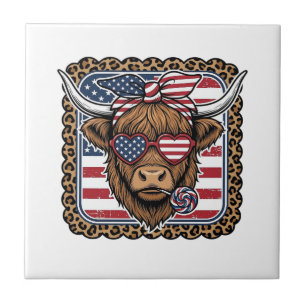 Patriotic Highland Cow Vintage Engraving Design (2 Tile