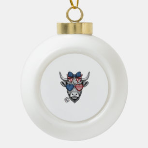Patriotic Highland Cow Vintage Engraving Shirt_1 Ceramic Ball Christmas Ornament