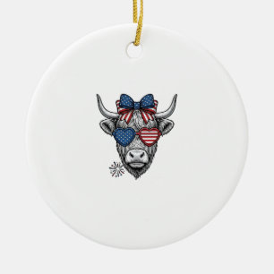 Patriotic Highland Cow Vintage Engraving Shirt_1 Ceramic Tree Decoration