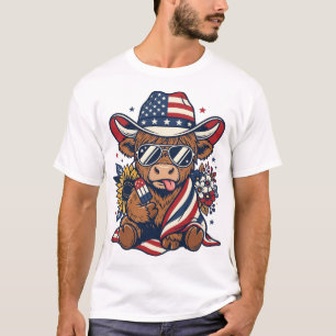 Patriotic Highland Cow Vintage Engraving Shirt Des