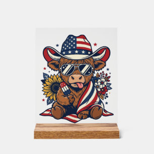 Patriotic Highland Cow Vintage Engraving Shirt Des Acrylic Sign