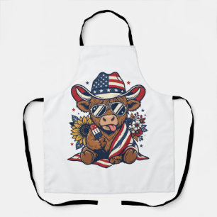 Patriotic Highland Cow Vintage Engraving Shirt Des Apron