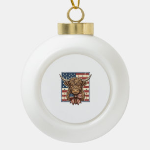 Patriotic Highland Cow Vintage Engraving Shirt Des Ceramic Ball Christmas Ornament