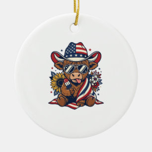 Patriotic Highland Cow Vintage Engraving Shirt Des Ceramic Tree Decoration