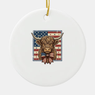 Patriotic Highland Cow Vintage Engraving Shirt Des Ceramic Tree Decoration