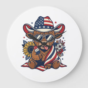 Patriotic Highland Cow Vintage Engraving Shirt Des Large Clock