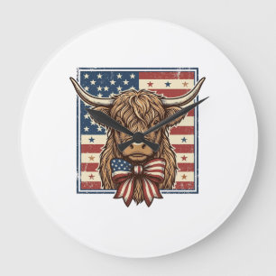 Patriotic Highland Cow Vintage Engraving Shirt Des Large Clock