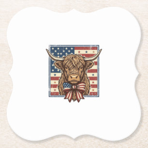 Patriotic Highland Cow Vintage Engraving Shirt Des Paper Coaster