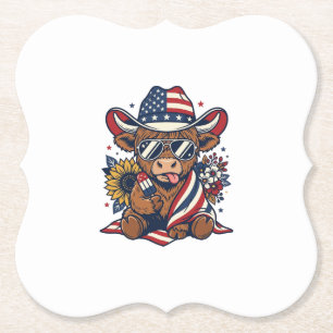 Patriotic Highland Cow Vintage Engraving Shirt Des Paper Coaster