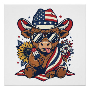 Patriotic Highland Cow Vintage Engraving Shirt Des Poster