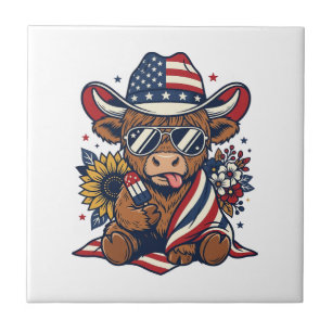 Patriotic Highland Cow Vintage Engraving Shirt Des Tile