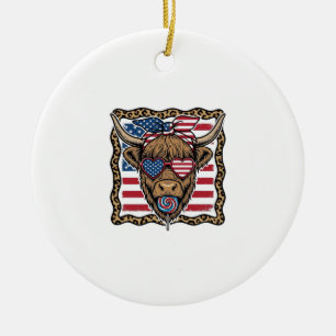 Patriotic Highland Cow Vintage Flag Graphic_1 Ceramic Tree Decoration