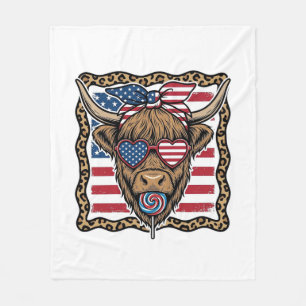 Patriotic Highland Cow Vintage Flag Graphic_1 Fleece Blanket