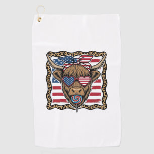 Patriotic Highland Cow Vintage Flag Graphic_1 Golf Towel