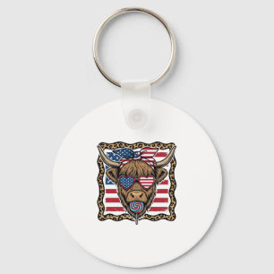 Patriotic Highland Cow Vintage Flag Graphic_1 Key Ring