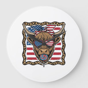 Patriotic Highland Cow Vintage Flag Graphic_1 Large Clock