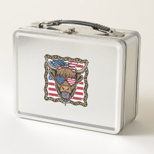 Patriotic Highland Cow Vintage Flag Graphic_1 Metal Lunch Box