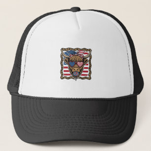 Patriotic Highland Cow Vintage Flag Graphic_1 Trucker Hat
