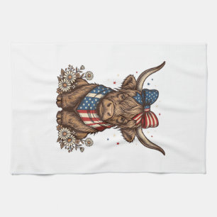 Patriotic Highland Cow Vintage Tea Towel